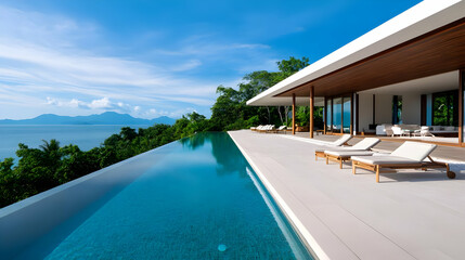 Fototapeta premium Modern villa with infinity pool overlooking a stunning landscape and serene blue skies, perfect for relaxing getaways.