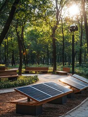 Naklejka premium Park solar panels sunrise energy benches
