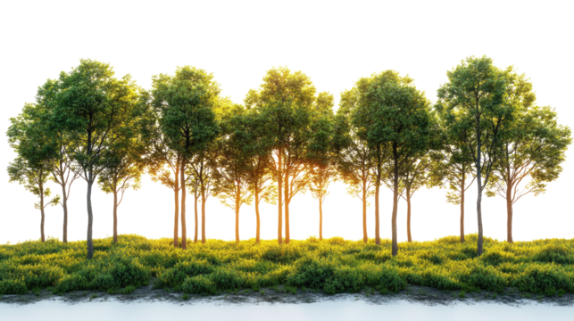 A Forest Embrace: A verdant forest stands in serene splendor, with the sun gently illuminating the tops of the trees and a soft, inviting light filtering through the leaves.