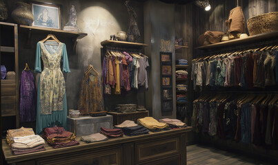 Handcrafted clothes displayed in a well-organized boutique, emphasizing artisanal quality and unique creative design perfectly
