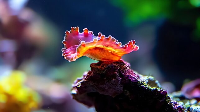 Close Up Of A Colorful Flatworm On A Rock In An Aquarium