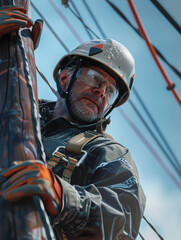 A worker climbs a utility pole, focused on maintenance tasks amidst power lines.