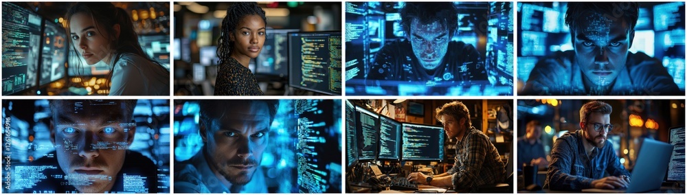 Poster diverse team of coders working late on computer screens in a dark room