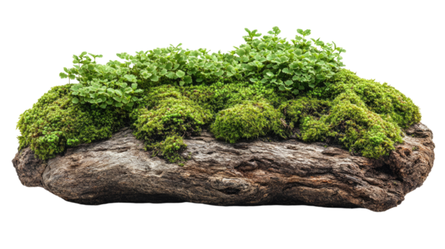 Natural Beauty: A serene display showcases the harmonious blend of nature's textures, where vibrant green moss and lush plants elegantly thrive on the textured surface of weathered wood.