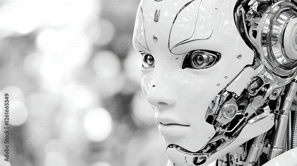 Poster monochrome artificial intelligence robotic being displayed with metallic components exposed design