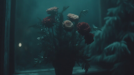 Moody Flowers in Dim Window Light with Evergreen Trees Creating an Atmosphere of Tranquility