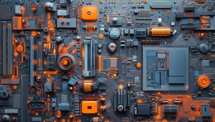 Futuristic circuit board, top view, glowing components, abstract design