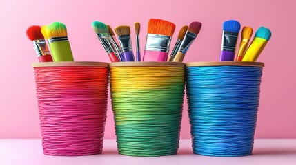 Colorful paintbrushes arranged in vibrant containers against a pink background, ideal for art themes