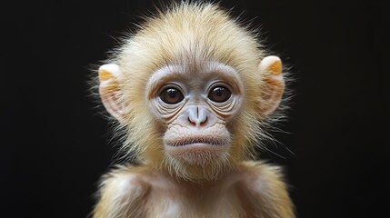 Fototapeta premium Adorable Baby Monkey Close Up Portrait with Expressive Eyes on Black