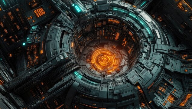 Futuristic, detailed, circular, machine interior with glowing center
