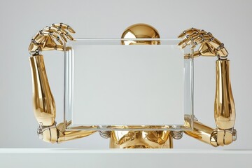 Clean white backdrop for a gold humanoid robot with beveled arms, white sheet in glass frame.