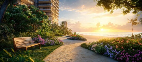Fototapeta premium Coastal walkway at sunrise with luxury building