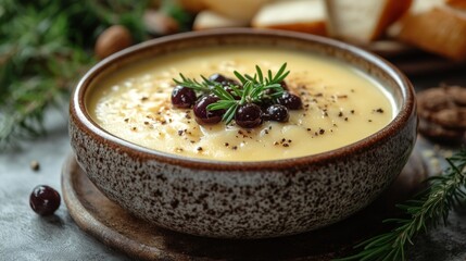 Homemade Soup with Herbs and Blueberries in Rustic Bowl. Generative AI
