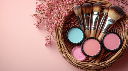 Collection of makeup brushes and blush in a woven basket with pink flowers on a soft pink background