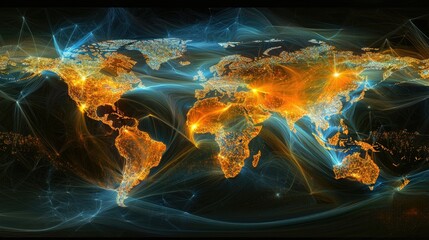Abstract Global Network Connection Map with Bright Colors and Lights