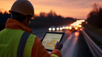 A photograph of one professionals road attendant using an iPad on the job site examining data in project management software while standing on Secured area on the .