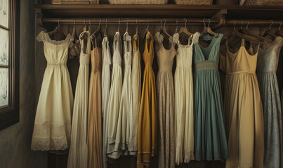 Vintage-style dresses elegantly hanging on classic racks, exuding timeless charm and refined retro sophistication gracefully.