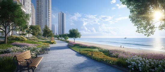 Coastal walkway with high-rises, flowers, and beach scene