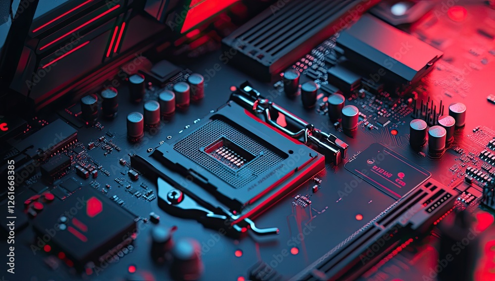 Poster close-up computer motherboard cpu socket, glowing red-blue lighting