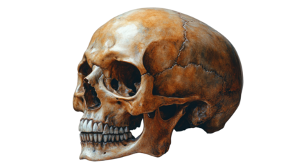 Human Skull: A detailed, realistic depiction of a human skull, emphasizing its skeletal structure and anatomical features.
