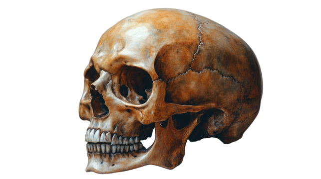 Human Skull: A detailed, realistic depiction of a human skull, emphasizing its skeletal structure and anatomical features.