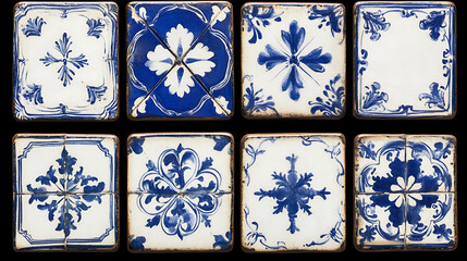 Ornate Blue and White Tile Collection Ceramic Art Design Decorative Pattern Arrangement Texture
