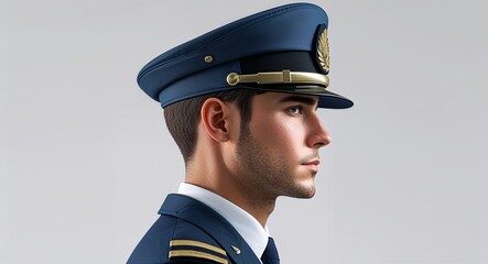 Airline crew man side view portrait on plain white background