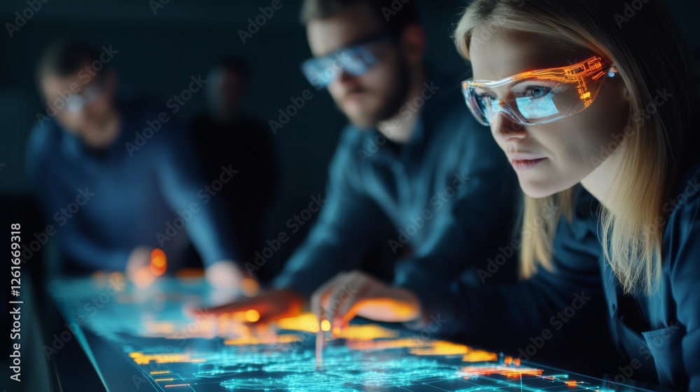 Poster team of professionals using futuristic interactive technology on a digital touchscreen display for d