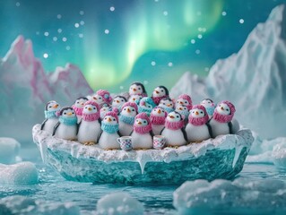 Penguins in winter wear. AI.