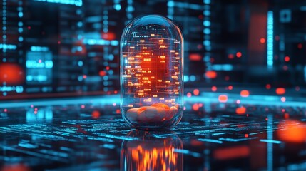 Futuristic pill bottle with glowing liquid, symbolizing advanced preventive medicine and health innovation.