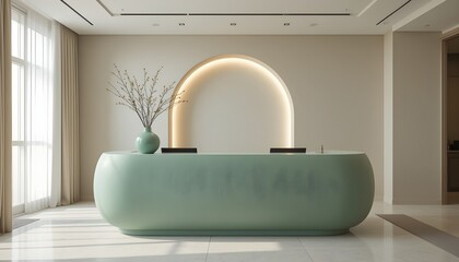 Stylish reception desk in a modern, minimalist lobby with soft lighting and elegant decor. Ideal for branding, business presentations, and interior design mockups.