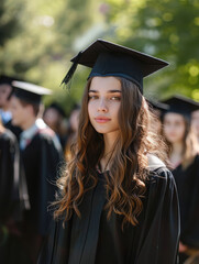 Fototapeta premium A young woman in graduation attire stands among peers, celebrating academic achievement.