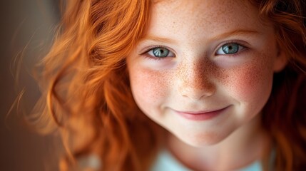 Naklejka premium A smiling redhead girl exudes warmth and joy, capturing a moment of natural beauty and serenity.
