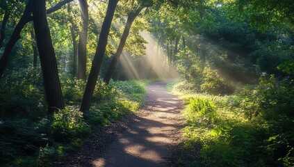 Fototapeta premium Sunbeams on Forest Path at Dawn
