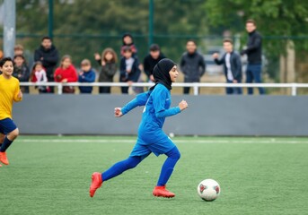 Young girl playing soccer on grass field