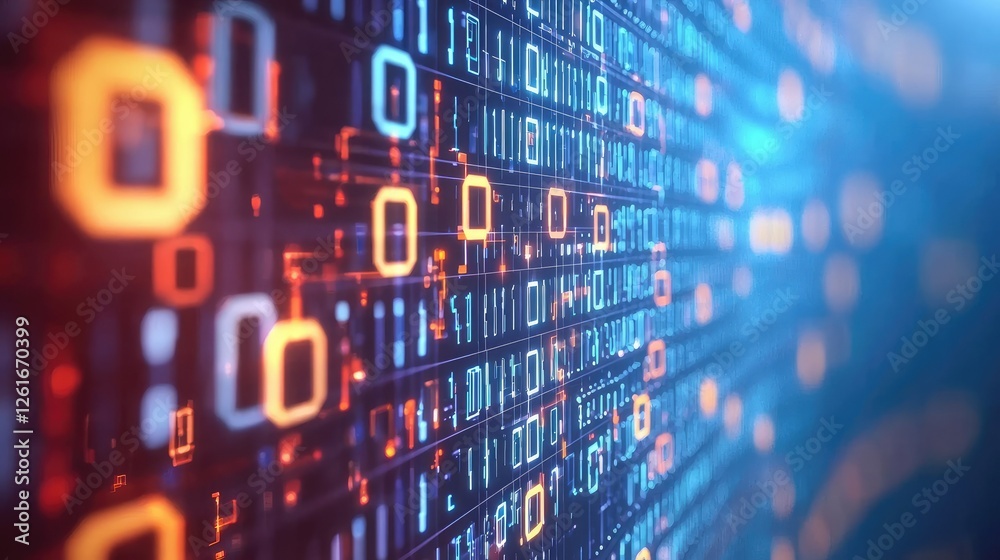 Poster abstract data visualization with glowing squares and lines