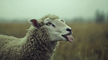 Fototapeta premium Sheep playfully sticking out its tongue, a moment of lighthearted charm.
