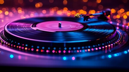 Turntable with Colorful Lights and Vinyl Record Spinning. Generative AI