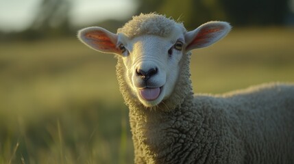 Fototapeta premium Sheep playfully sticking out its tongue, a moment of lighthearted charm.