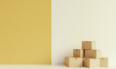 Stack of moving boxes arranged before a clean white wall, emphasizing sleek organized industrial aesthetics