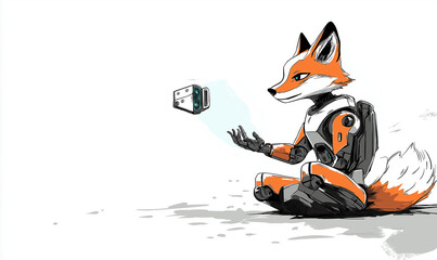 Playful robot fox clean line art, expertly crafted in a high-end illustration style with futuristic flair.