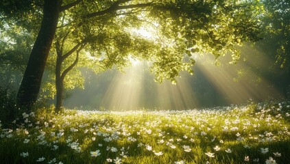 Sunlight streams through forest canopy over meadow flowers