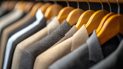 Obraz premium Stylish rack displaying various women suits in beige and brown tones, showcasing elegant fabrics and textures. Perfect for professional or formal occasions