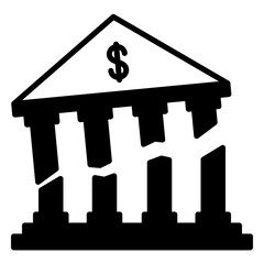 The icon of bankruptcy and loss is symbolized by a damaged bank building