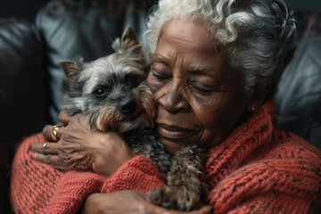 An elderly woman lovingly embraces her small dog, showcasing warmth and companionship.