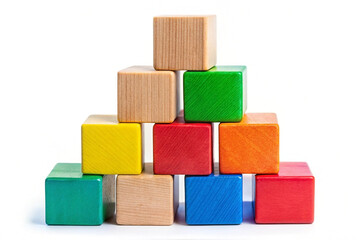 Colorful wooden blocks pyramid, studio shot, white background, growth concept