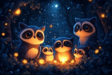 Raccoon owl family night forest glowing