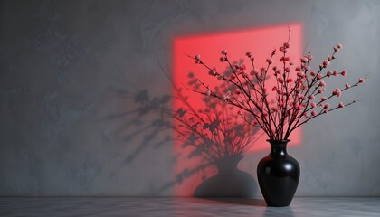 Elegant black vase with white blossoms against a textured wall, highlighted by a red light and shadow play. Perfect for modern decor, nature, and interior design concepts.