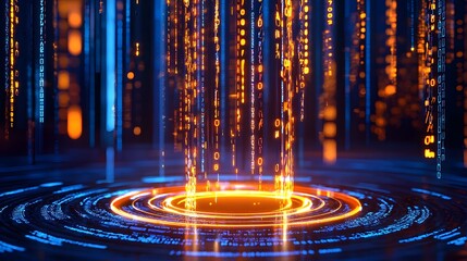 Digital Matrix: An abstract digital realm explodes with energy and light, a mesmerizing display of binary code and glowing circles illuminating the virtual space.