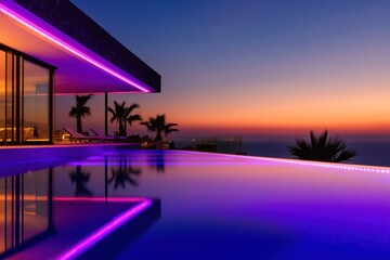 Fototapeta premium Sunset luxury villa pool, ocean view, night lighting, relaxation